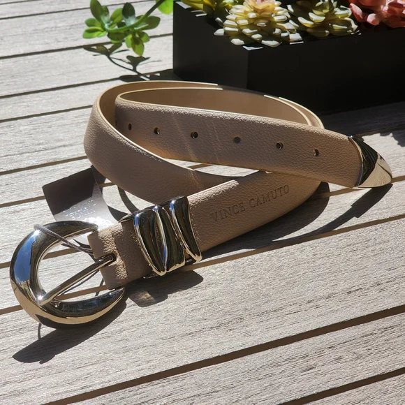 Vince Camuto Women's Sculptural Sand Faux Leather Belt Silver Buckle Size XL - Picture 4 of 9